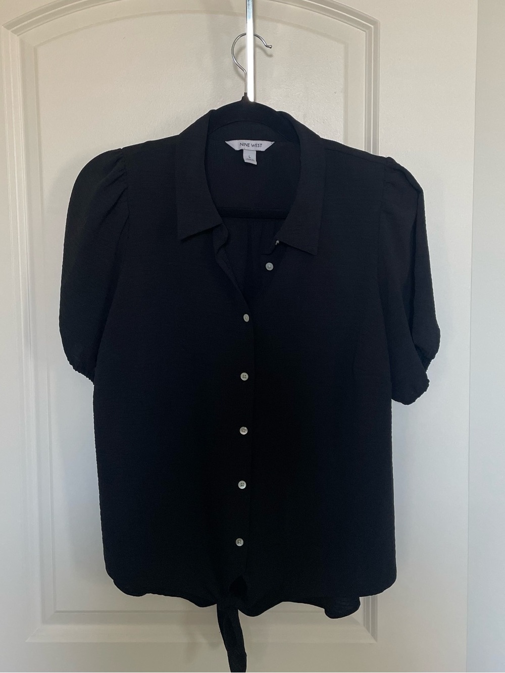 Nine West Black Short Sleeve Button-Front Tie Hem Top